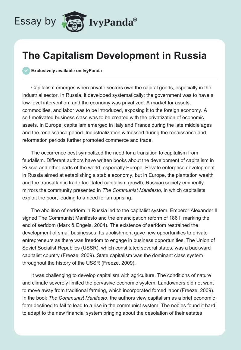 The Capitalism Development in Russia. Page 1