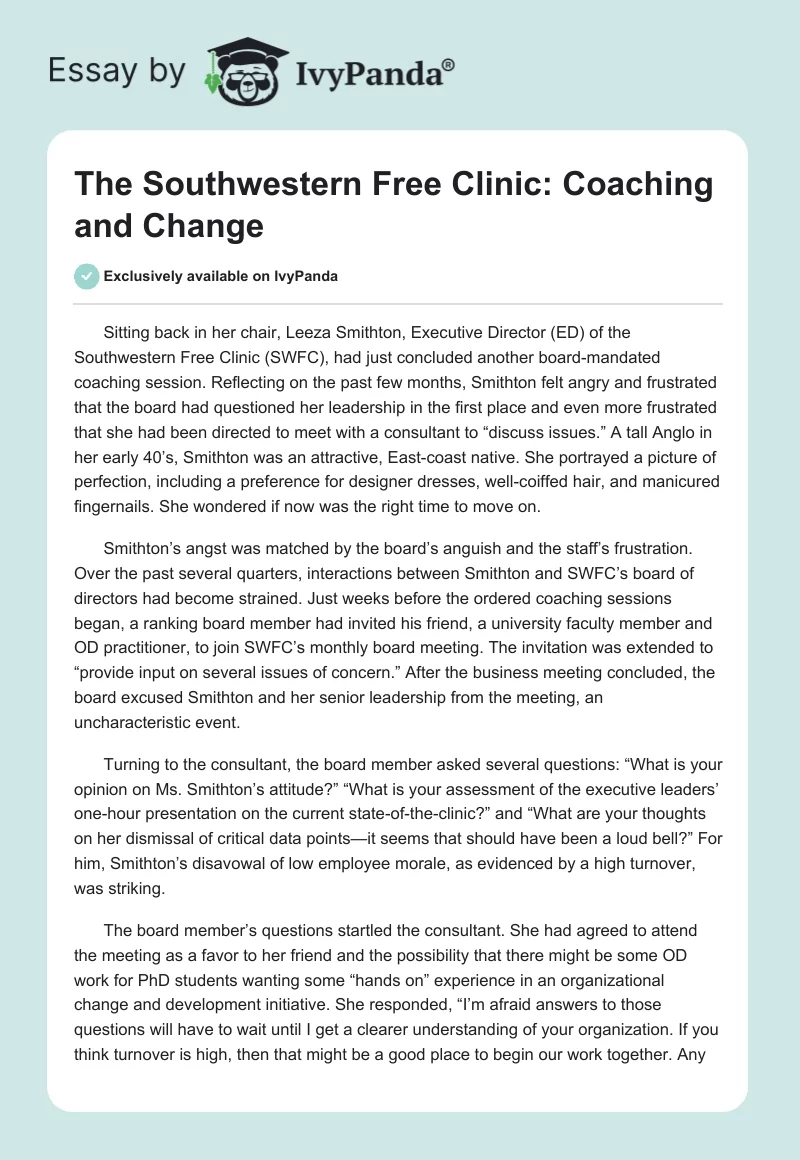 The Southwestern Free Clinic: Coaching and Change. Page 1