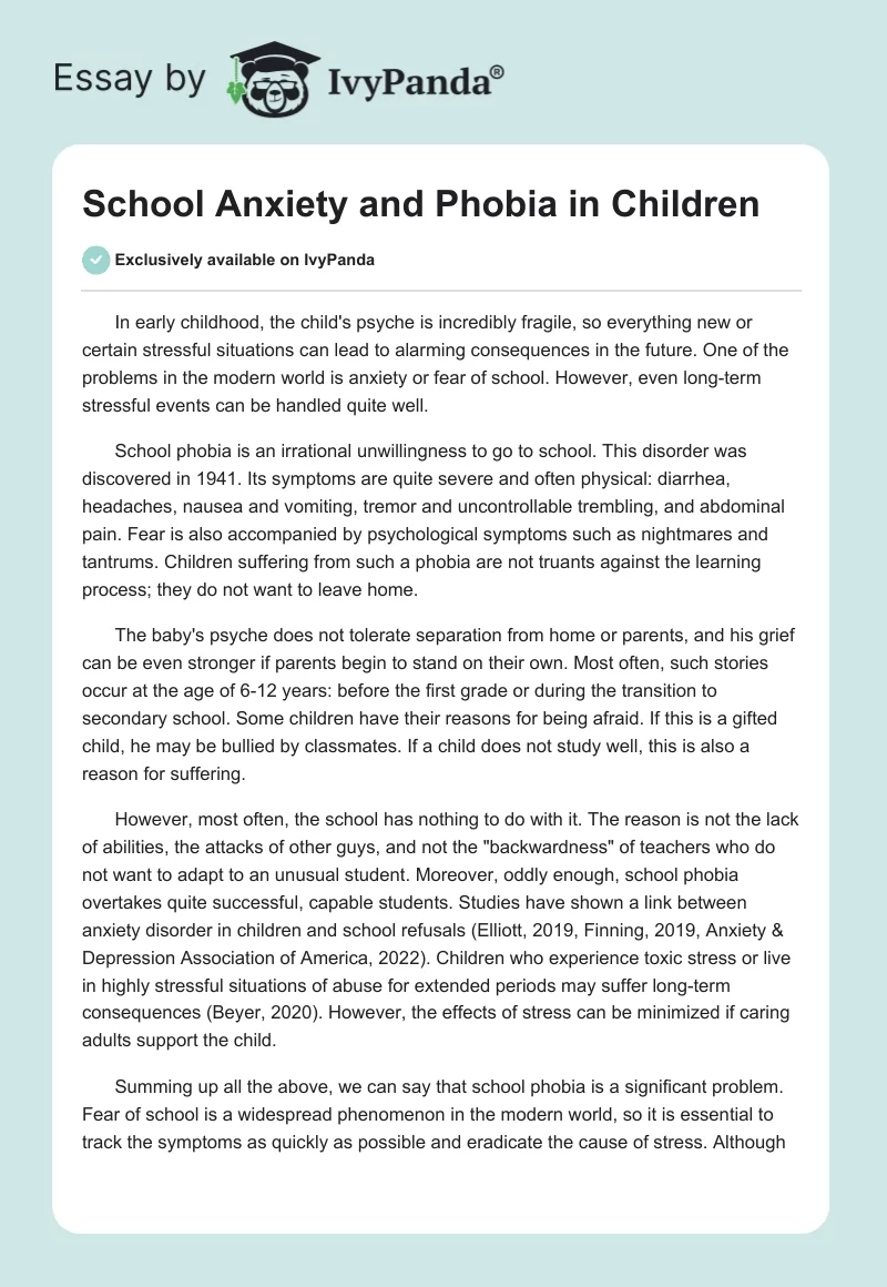 School Anxiety and Phobia in Children. Page 1