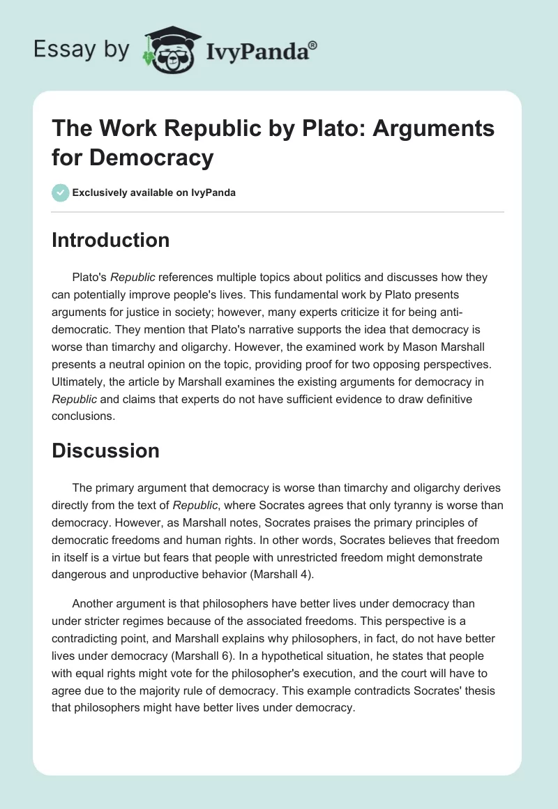The Work "Republic" by Plato: Arguments for Democracy. Page 1
