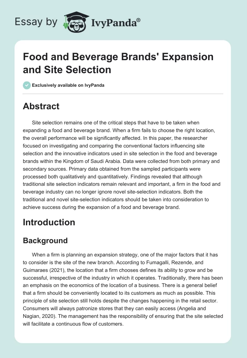 Food and Beverage Brands' Expansion and Site Selection. Page 1