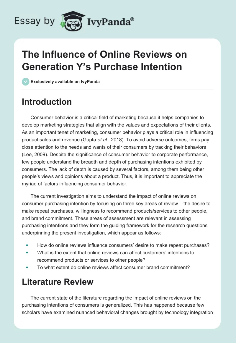 The Influence of Online Reviews on Generation Y’s Purchase Intention. Page 1