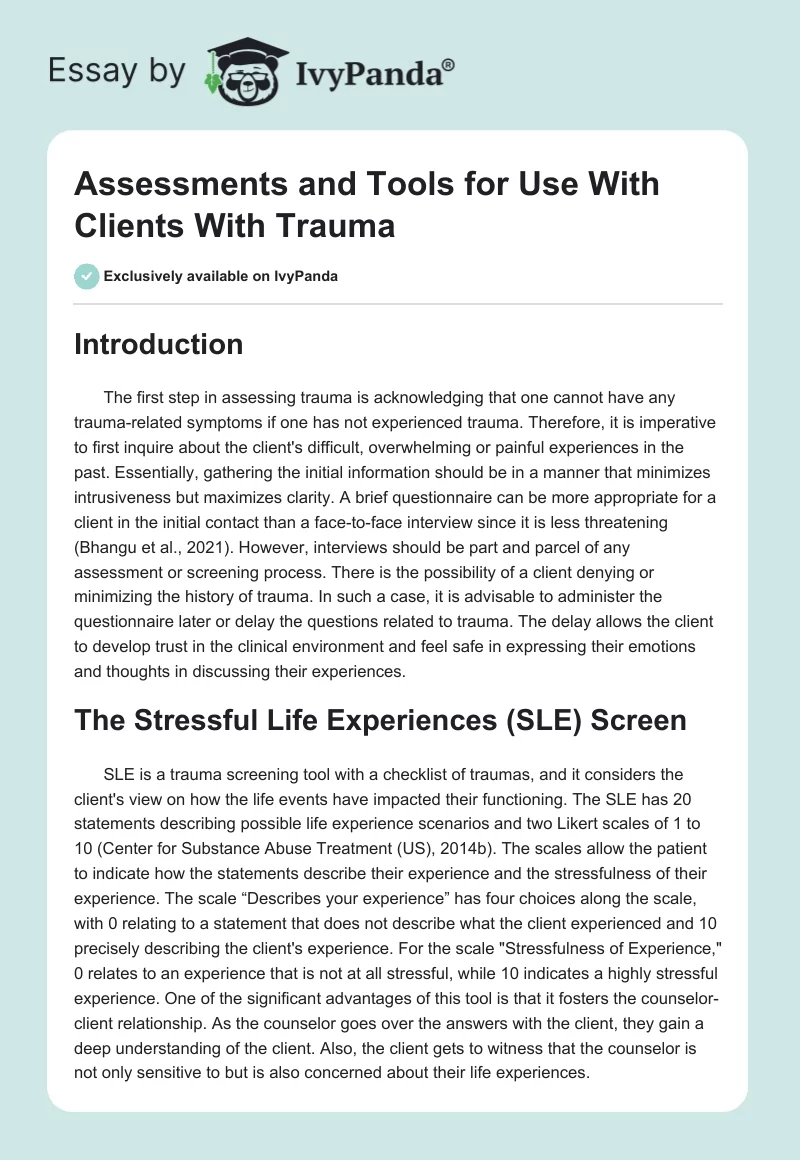Assessments and Tools for Use With Clients With Trauma. Page 1