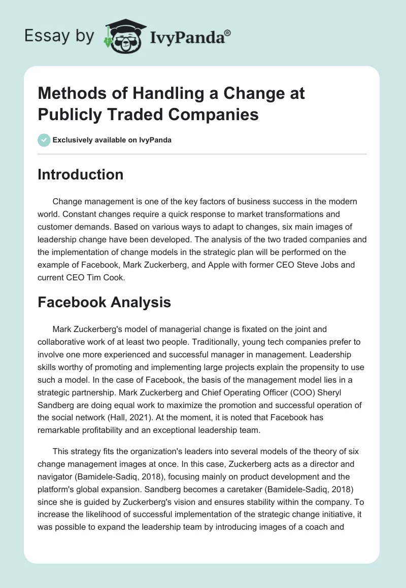 Methods of Handling a Change at Publicly Traded Companies. Page 1