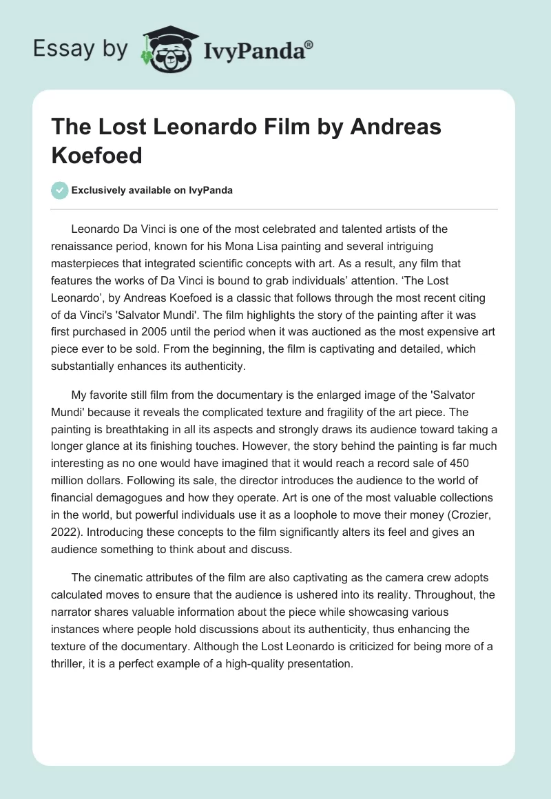 The Lost Leonardo Film by Andreas Koefoed. Page 1