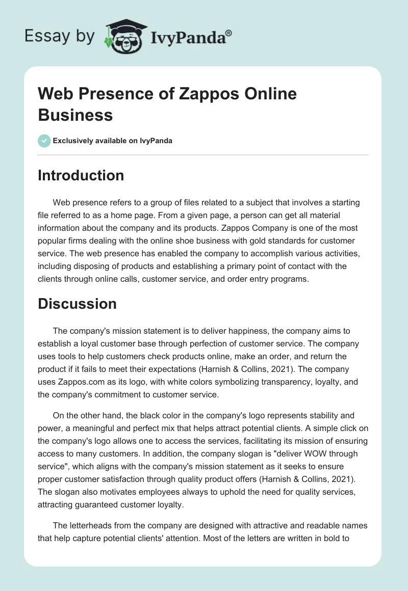 Web Presence of Zappos Online Business. Page 1