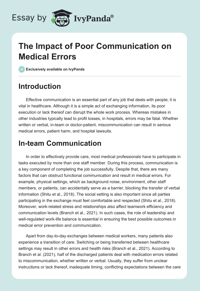 The Impact of Poor Communication on Medical Errors. Page 1