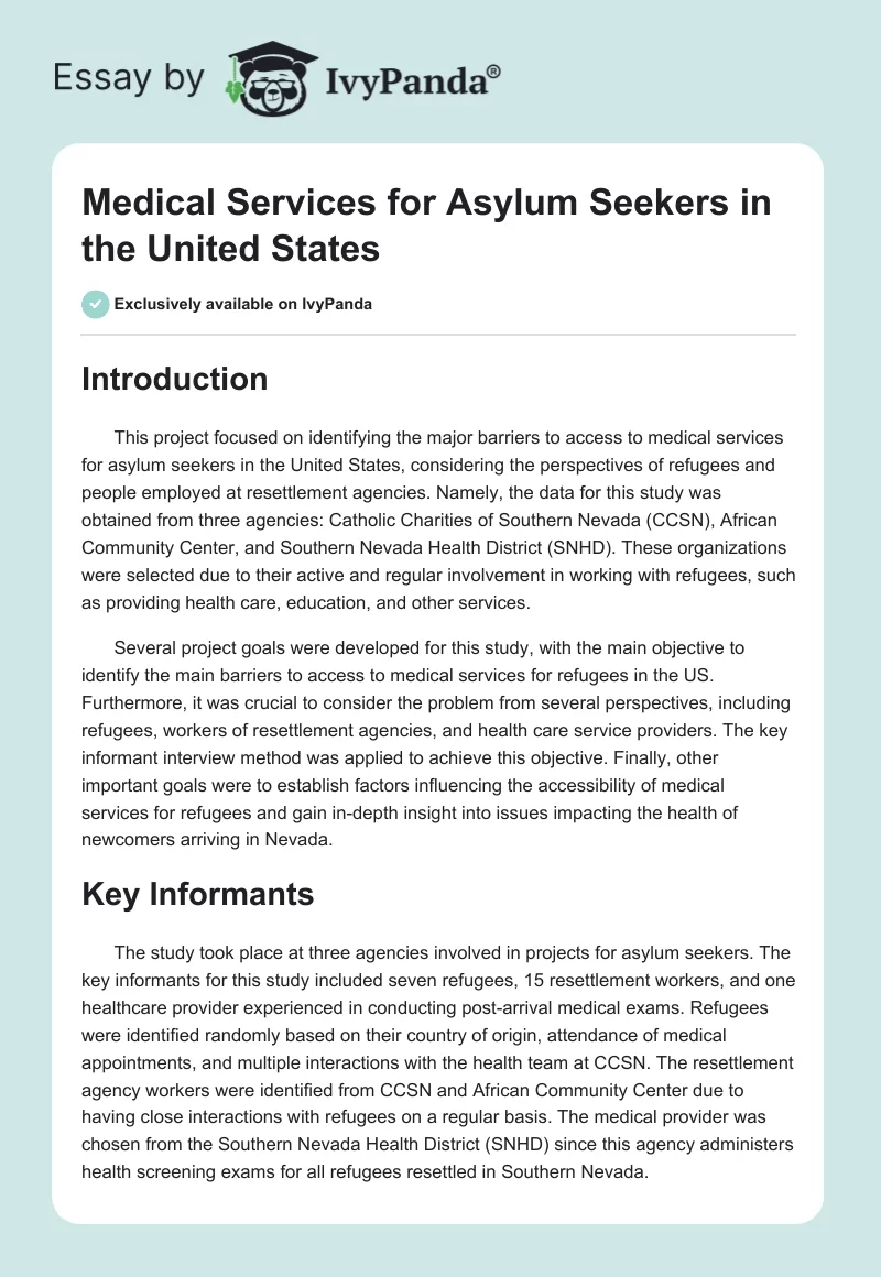 Medical Services for Asylum Seekers in the United States. Page 1