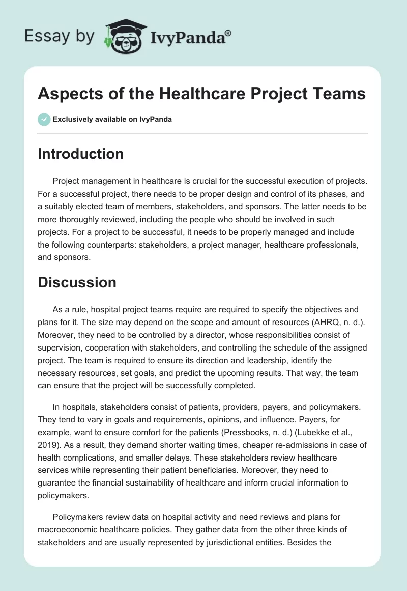 Aspects of the Healthcare Project Teams. Page 1