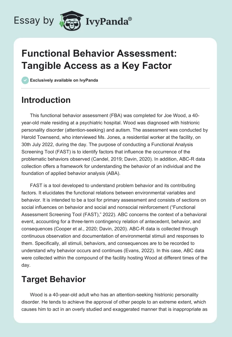 Functional Behavior Assessment: Tangible Access as a Key Factor. Page 1
