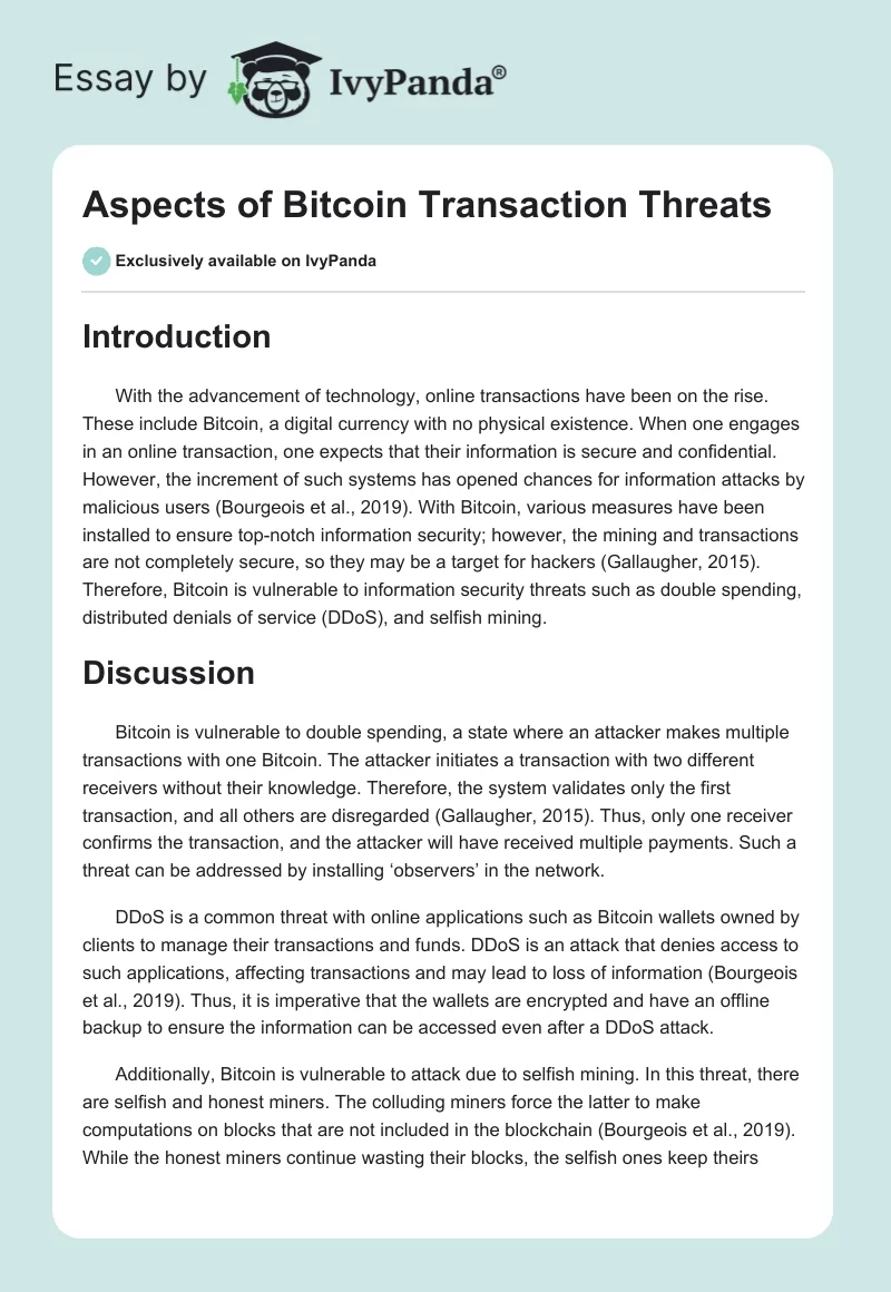 Aspects of Bitcoin Transaction Threats. Page 1