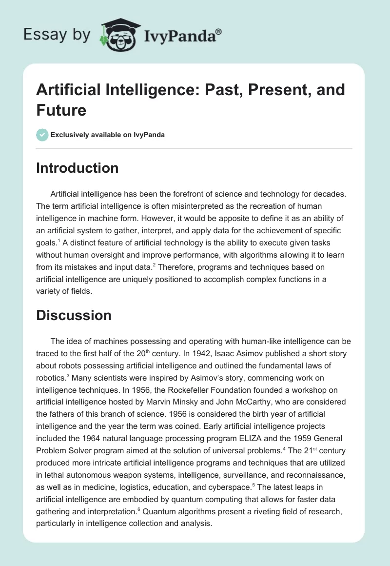 Artificial Intelligence: Past, Present, and Future. Page 1
