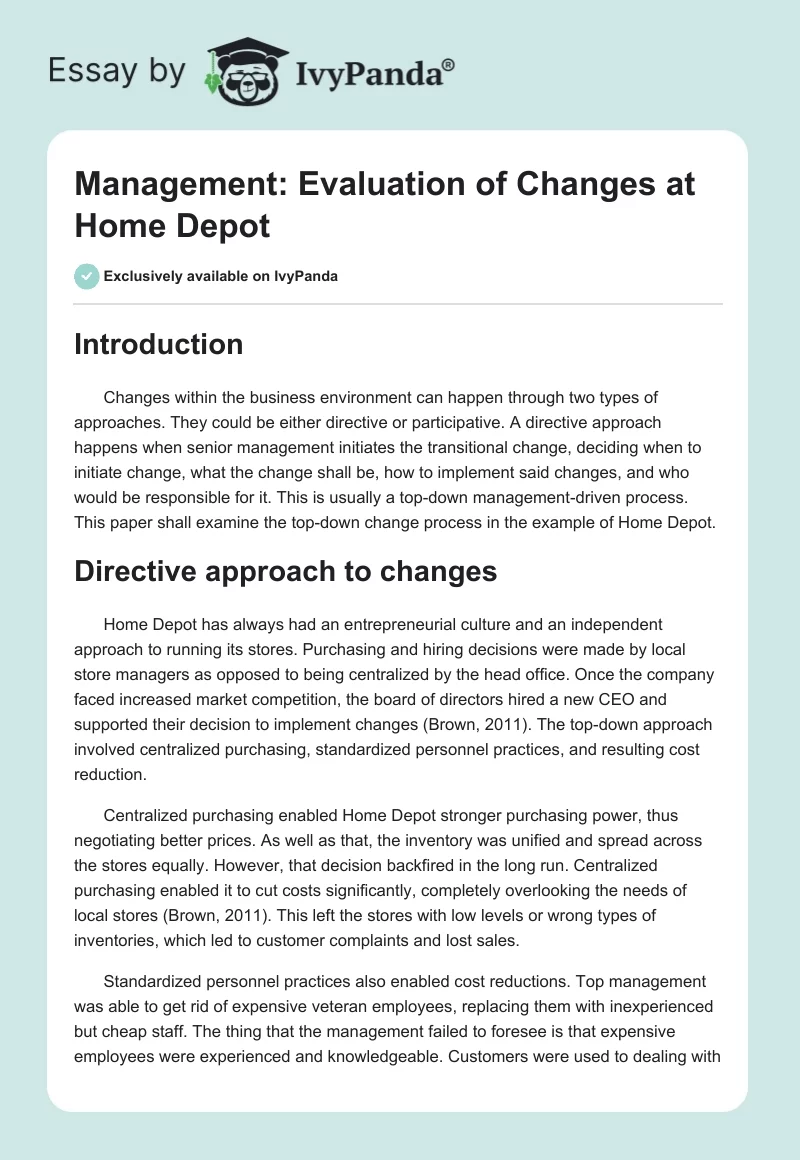 Management: Evaluation of Changes at Home Depot. Page 1