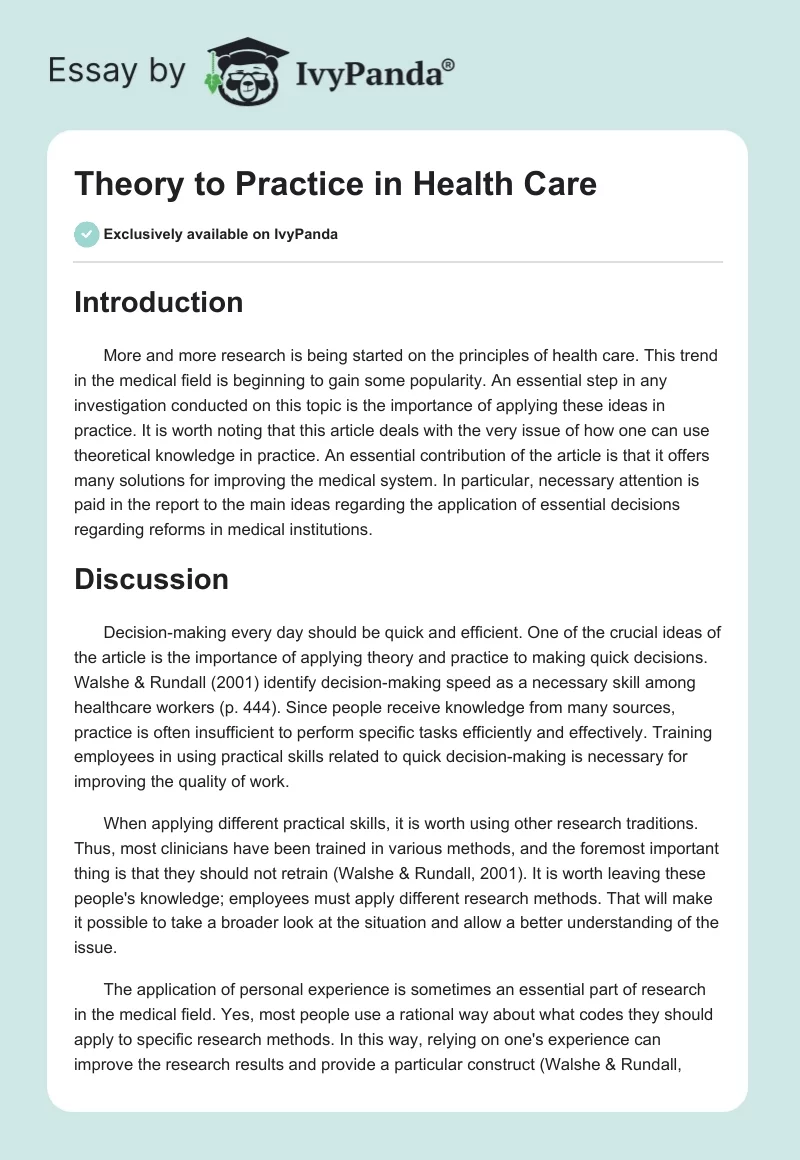 Theory to Practice in Health Care. Page 1