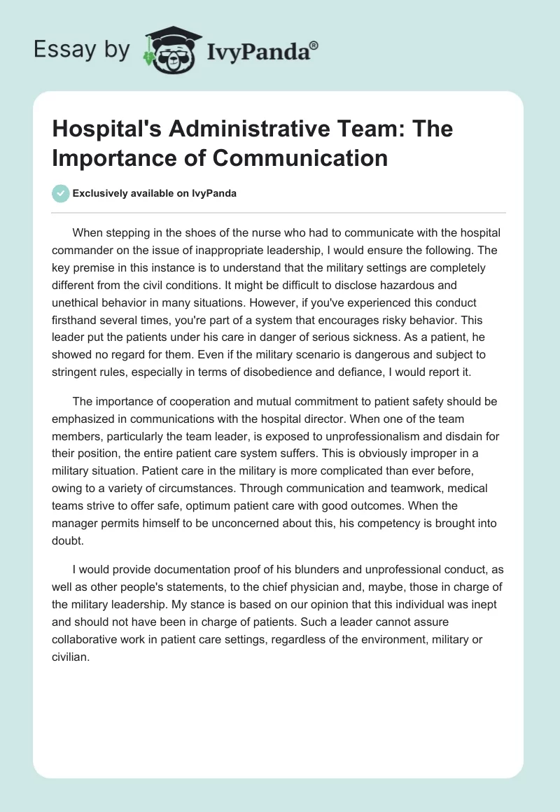 Hospital's Administrative Team: The Importance of Communication. Page 1