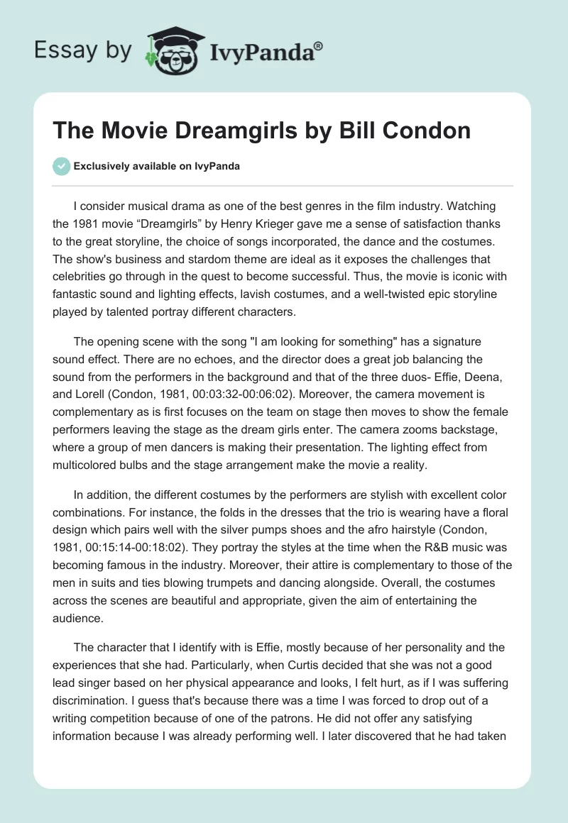 The Movie "Dreamgirls" by Bill Condon. Page 1