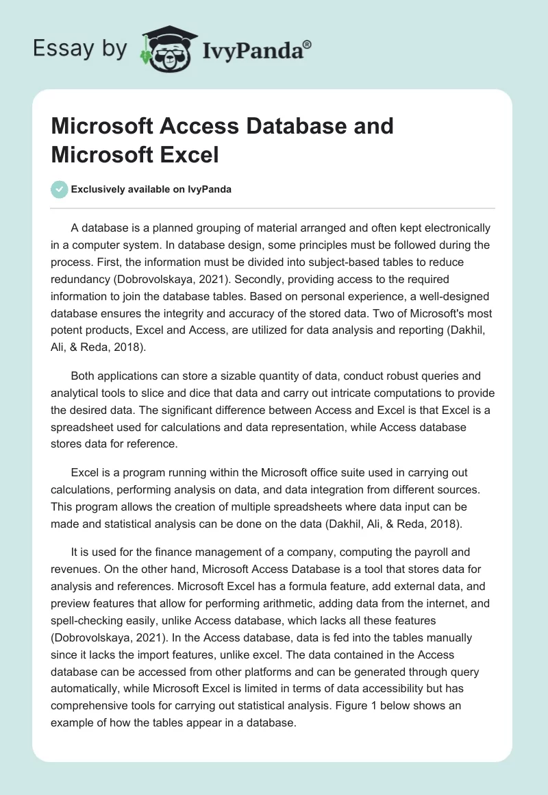 Microsoft Access Database and Microsoft Excel. Page 1
