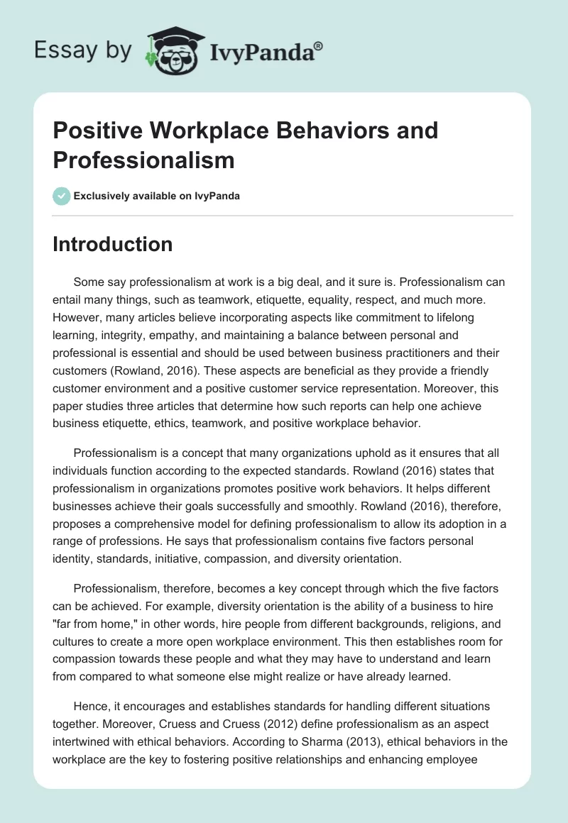 Positive Workplace Behaviors and Professionalism. Page 1