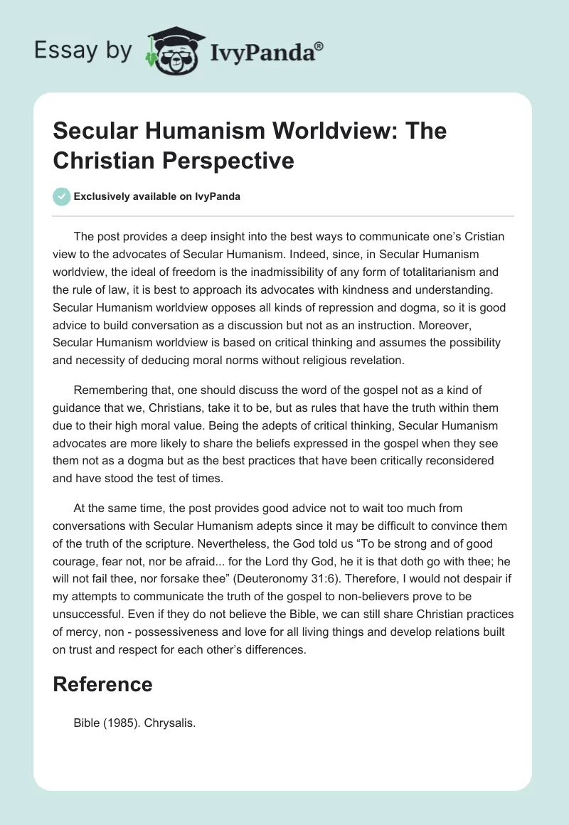 Secular Humanism Worldview: The Christian Perspective. Page 1