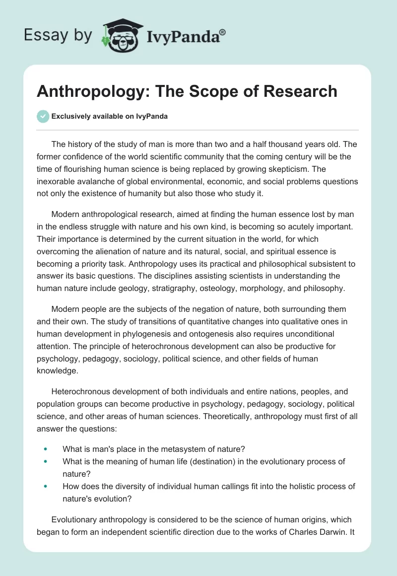 Anthropology: The Scope of Research. Page 1