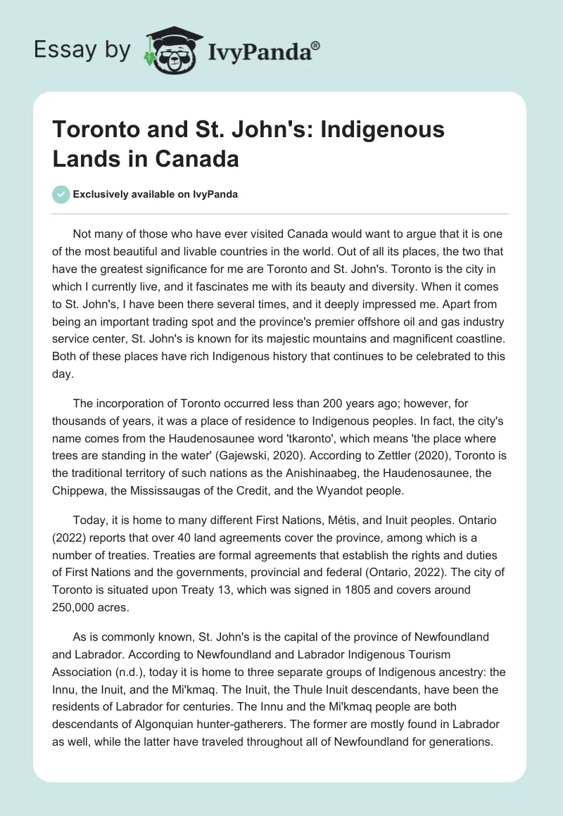 Toronto and St. John's: Indigenous Lands in Canada. Page 1