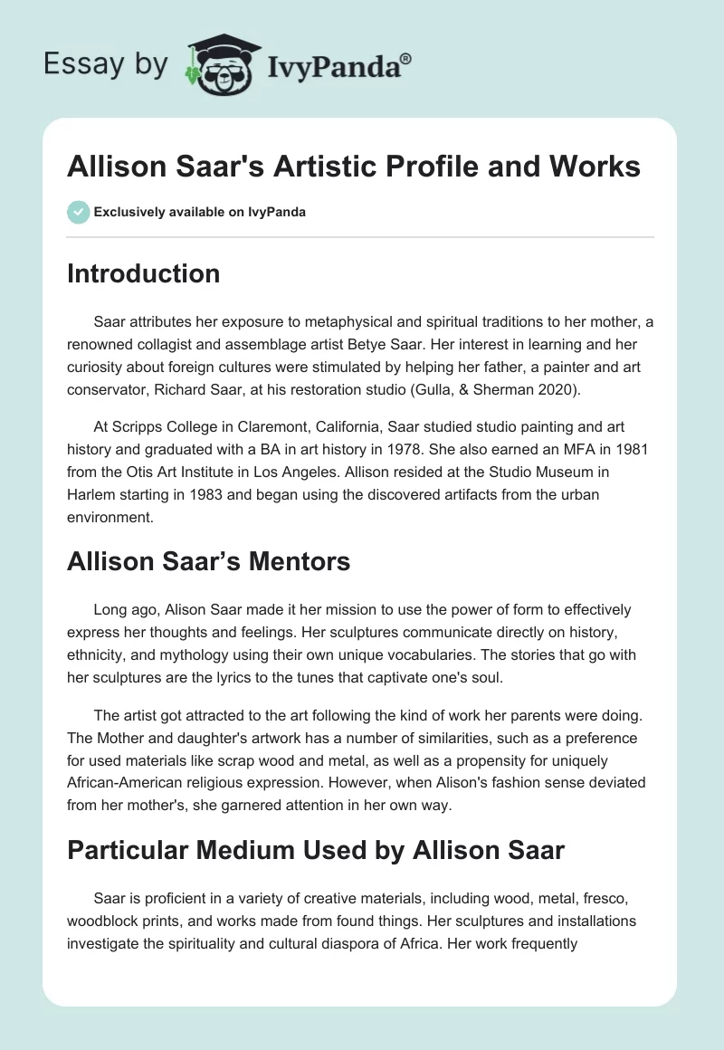 Allison Saar's Artistic Profile and Works. Page 1