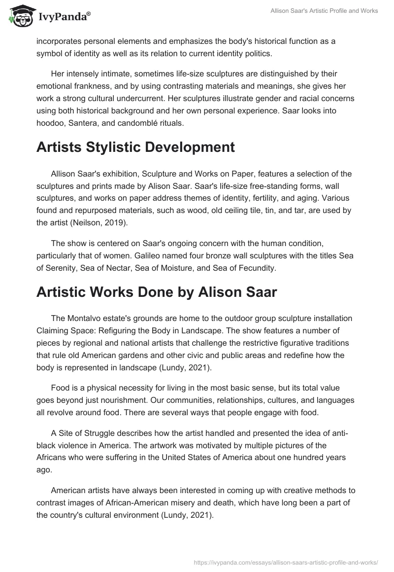 Allison Saar's Artistic Profile and Works. Page 2