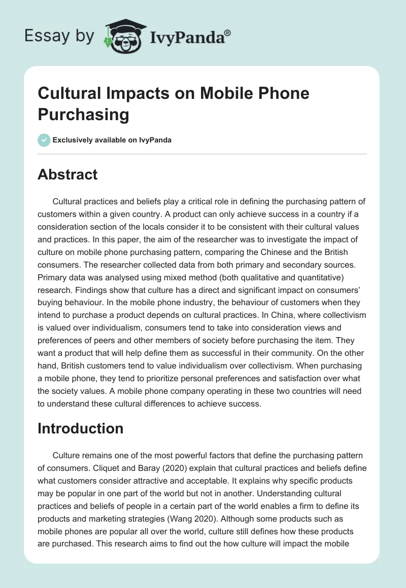 Cultural Impacts on Mobile Phone Purchasing. Page 1