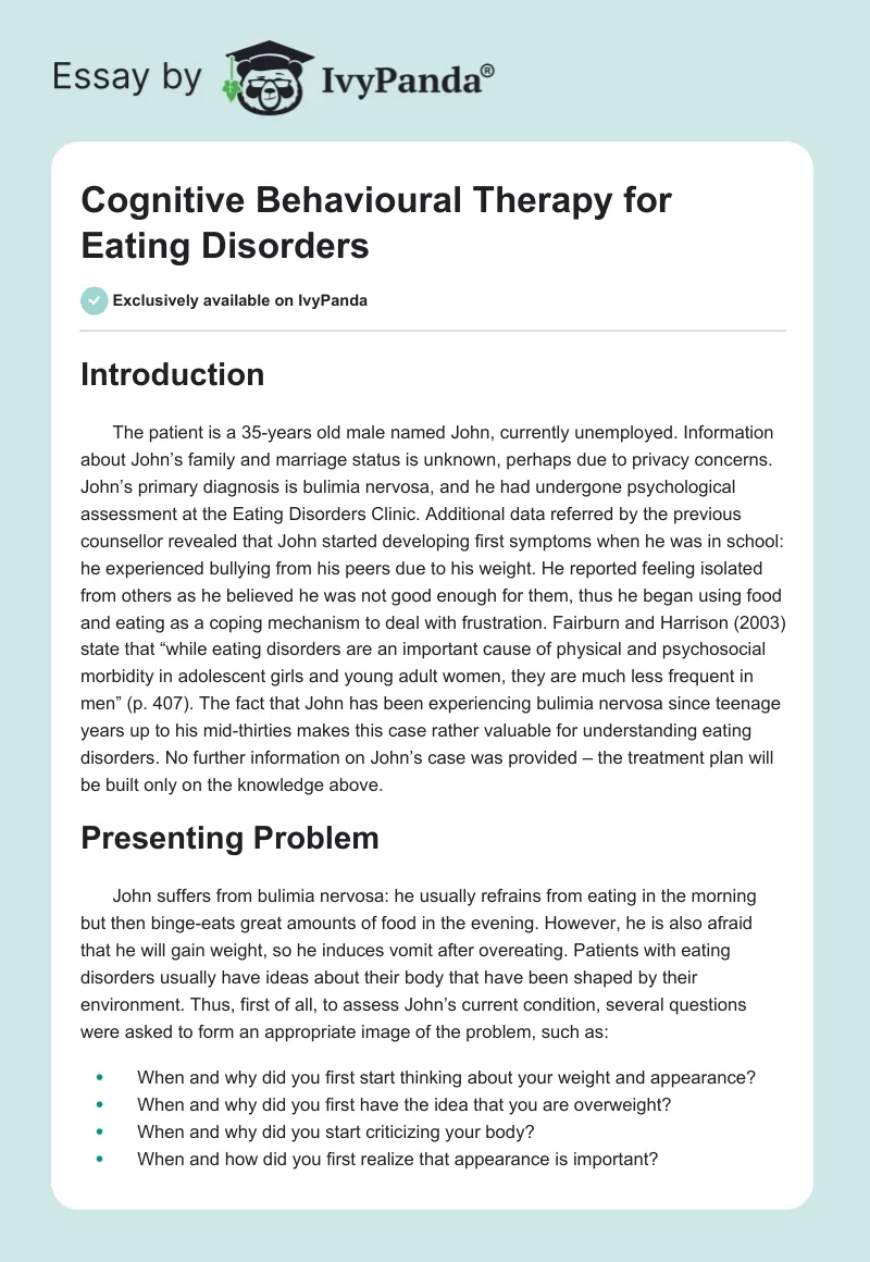 Cognitive Behavioural Therapy for Eating Disorders. Page 1
