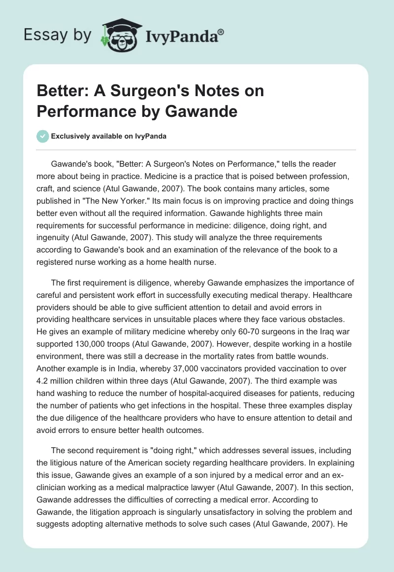 Better: A Surgeon's Notes on Performance by Gawande. Page 1