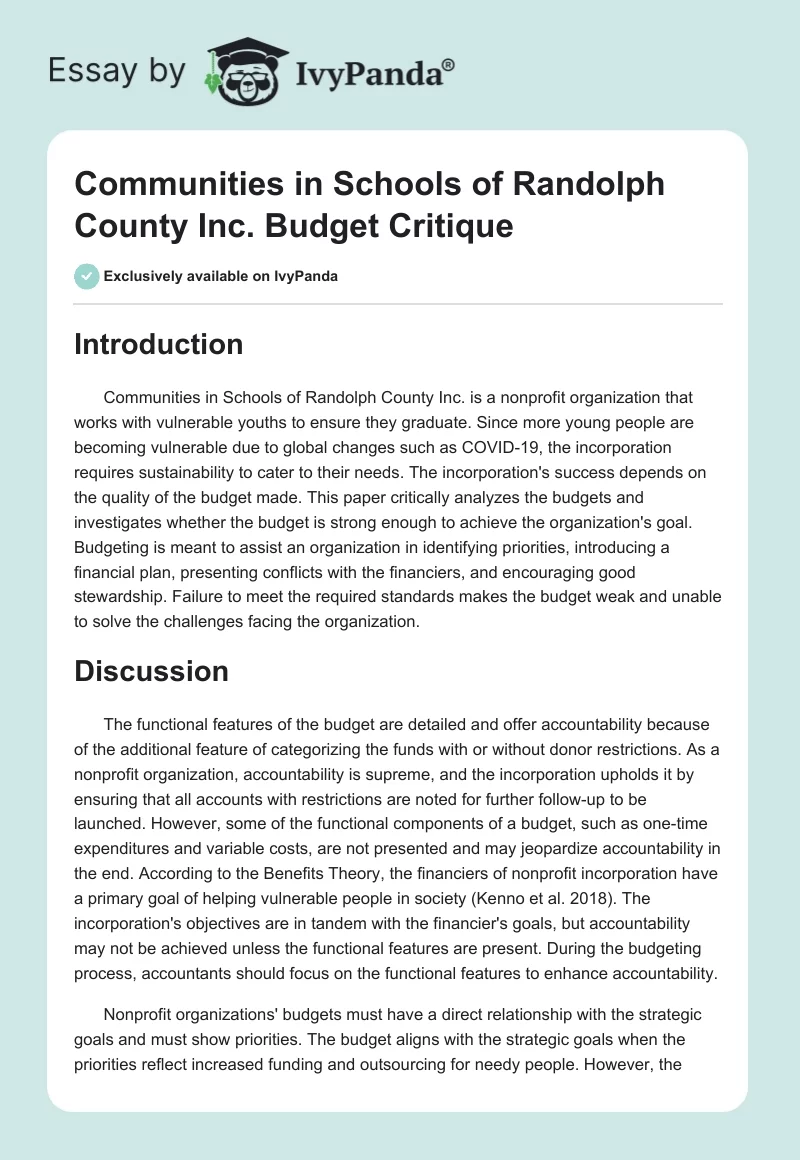 Communities in Schools of Randolph County Inc. Budget Critique. Page 1