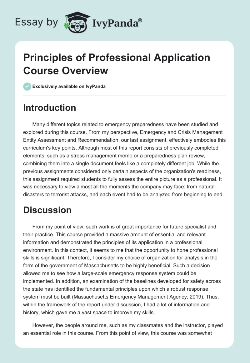 Principles of Professional Application Course Overview. Page 1