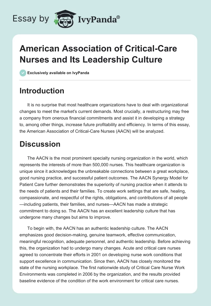 American Association of Critical-Care Nurses and Its Leadership Culture. Page 1