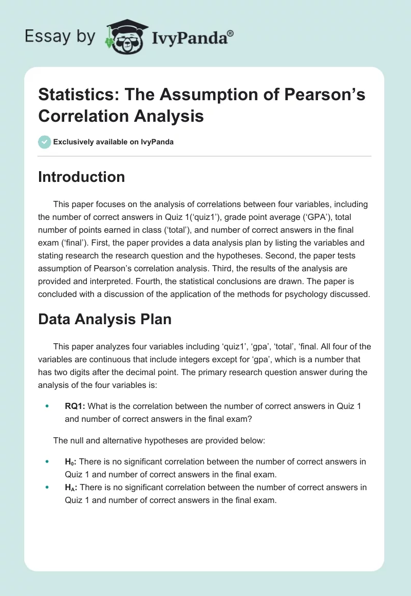 Statistics: The Assumption of Pearson’s Correlation Analysis. Page 1