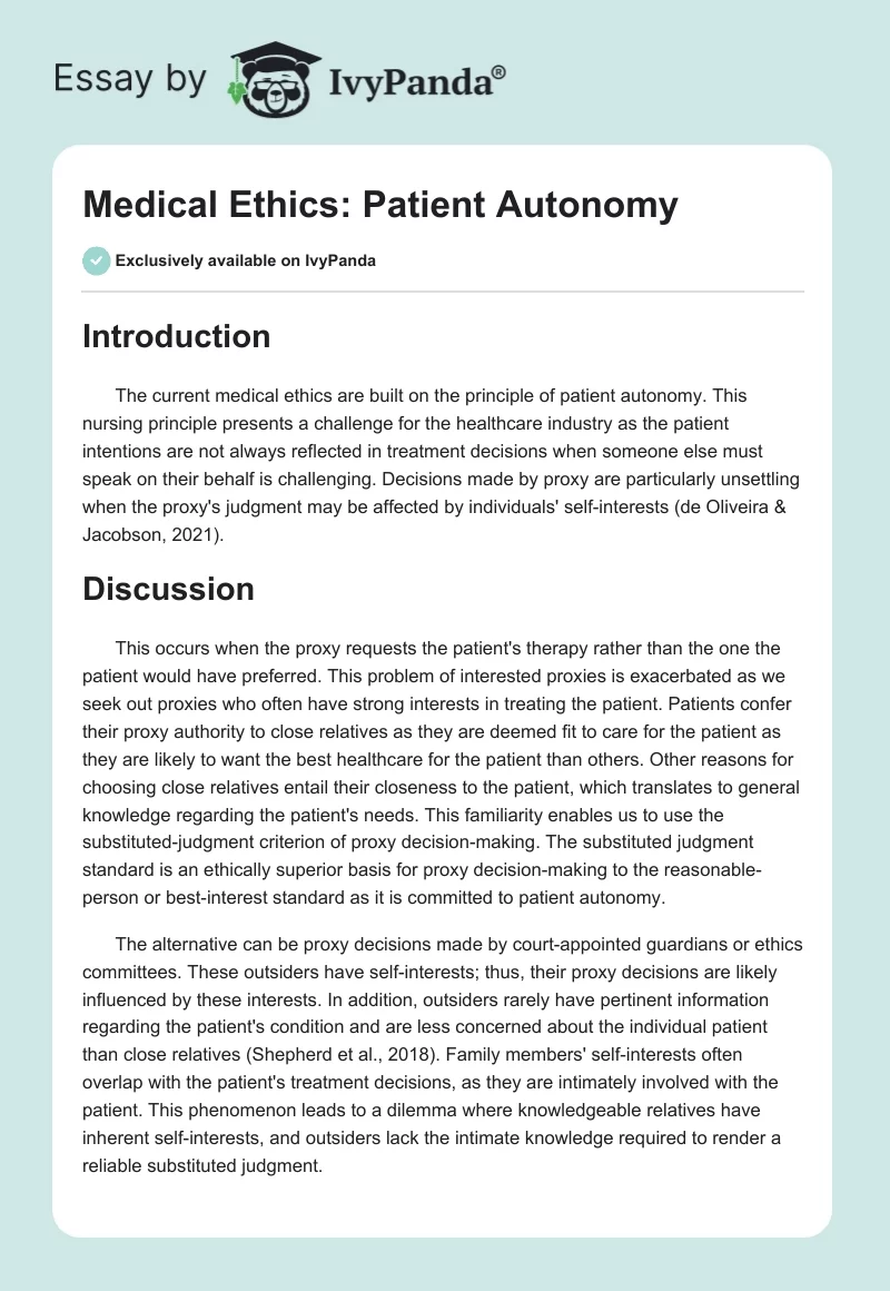 Medical Ethics: Patient Autonomy. Page 1