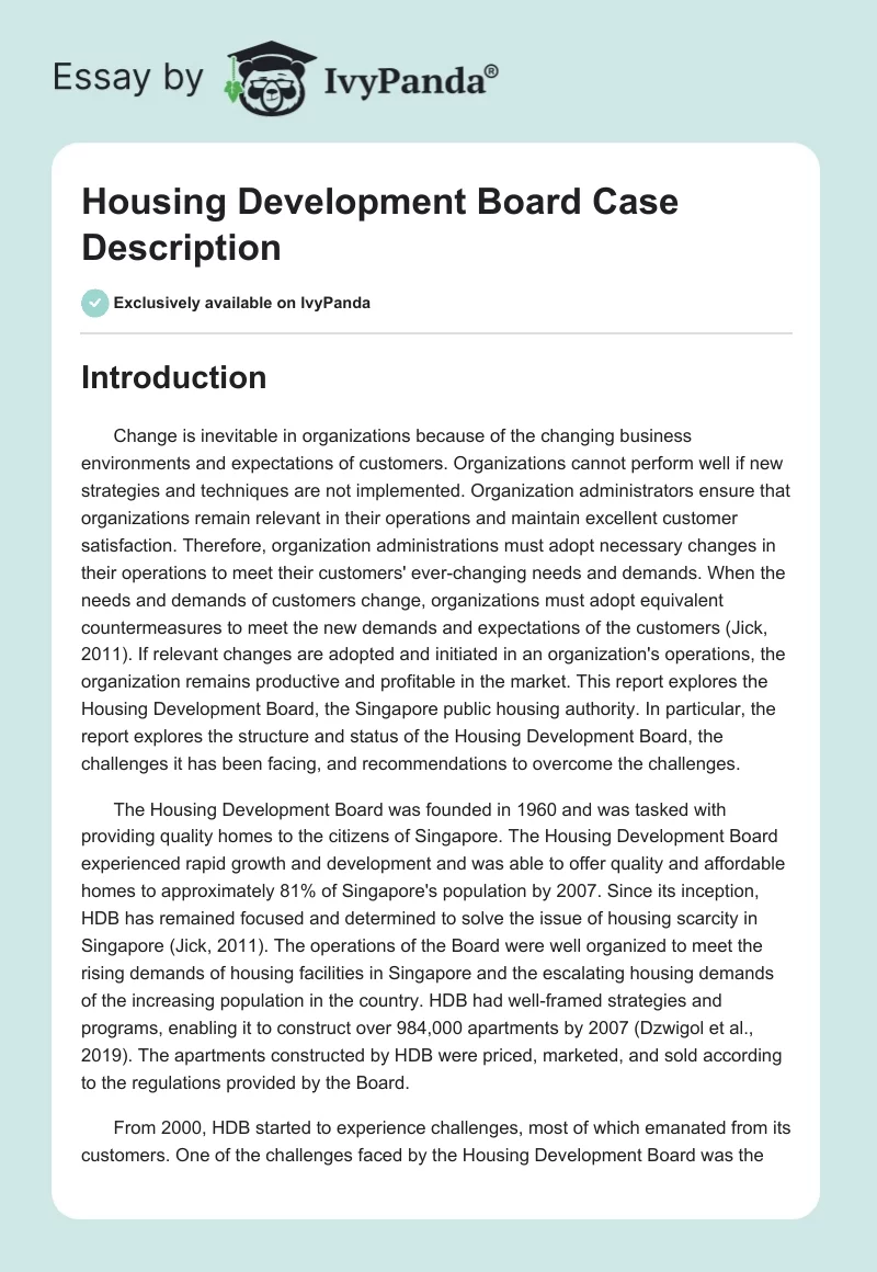 Housing Development Board Case Description. Page 1