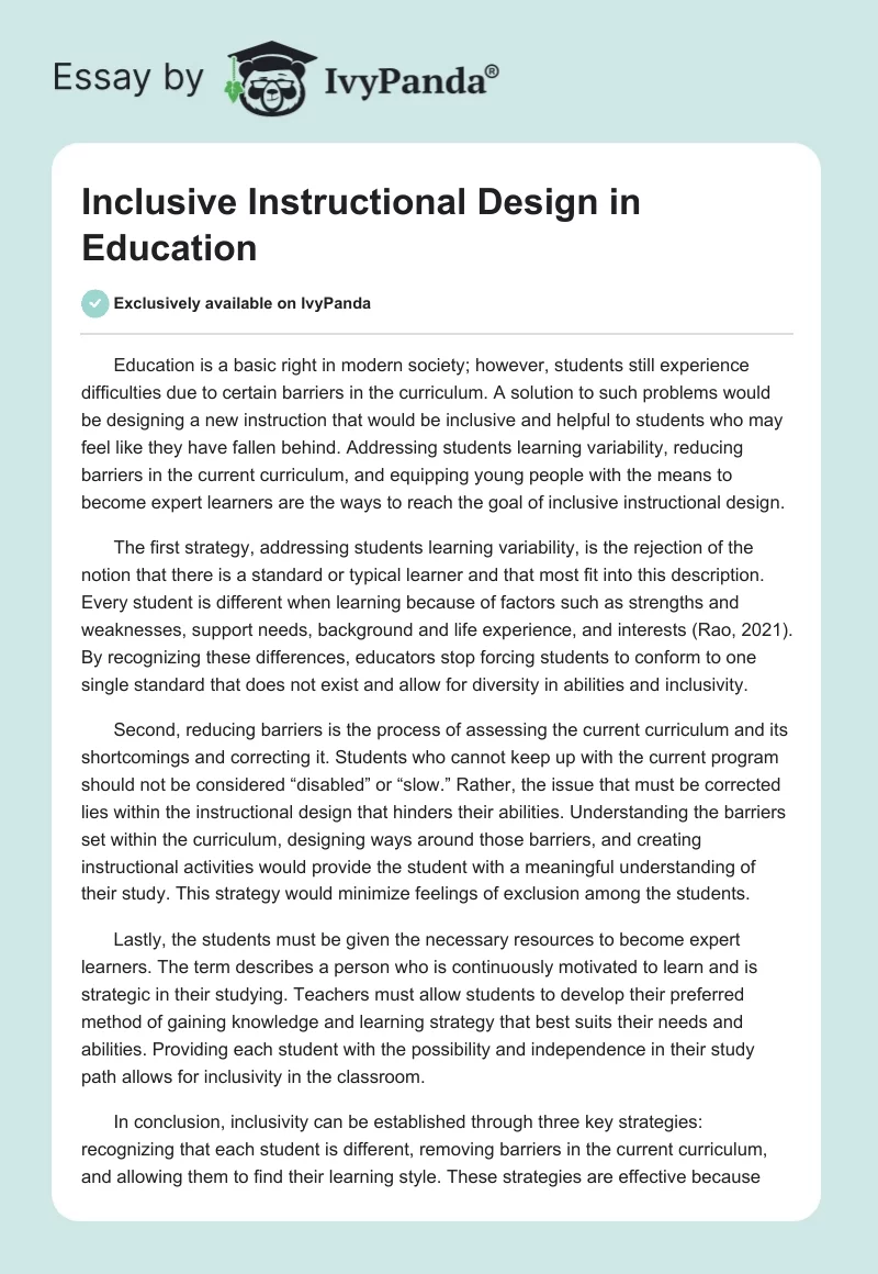 Inclusive Instructional Design in Education. Page 1