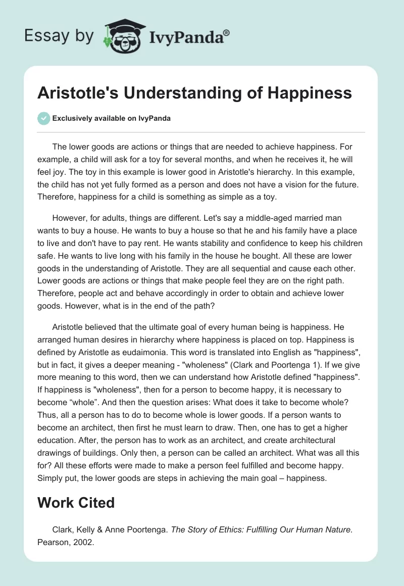 Aristotle's Understanding of Happiness. Page 1