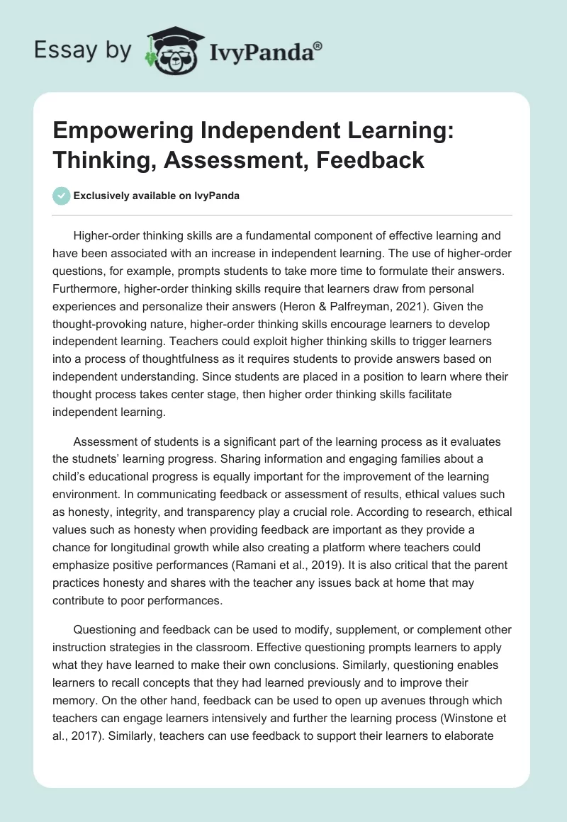 Empowering Independent Learning: Thinking, Assessment, Feedback. Page 1