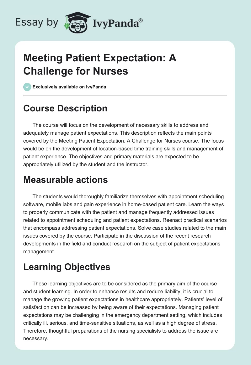 Meeting Patient Expectation: A Challenge for Nurses. Page 1