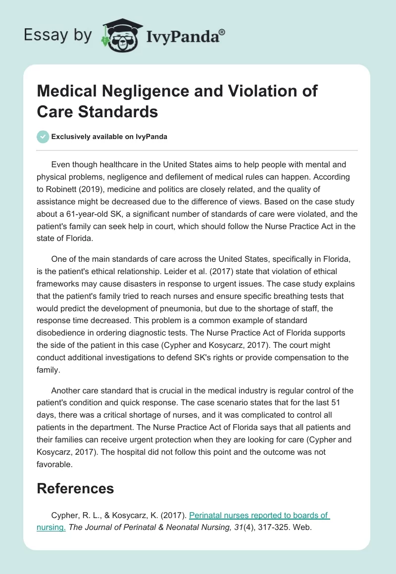 Medical Negligence and Violation of Care Standards. Page 1