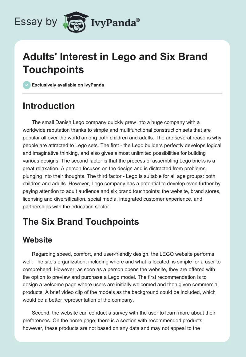 Adults' Interest in Lego and Six Brand Touchpoints. Page 1