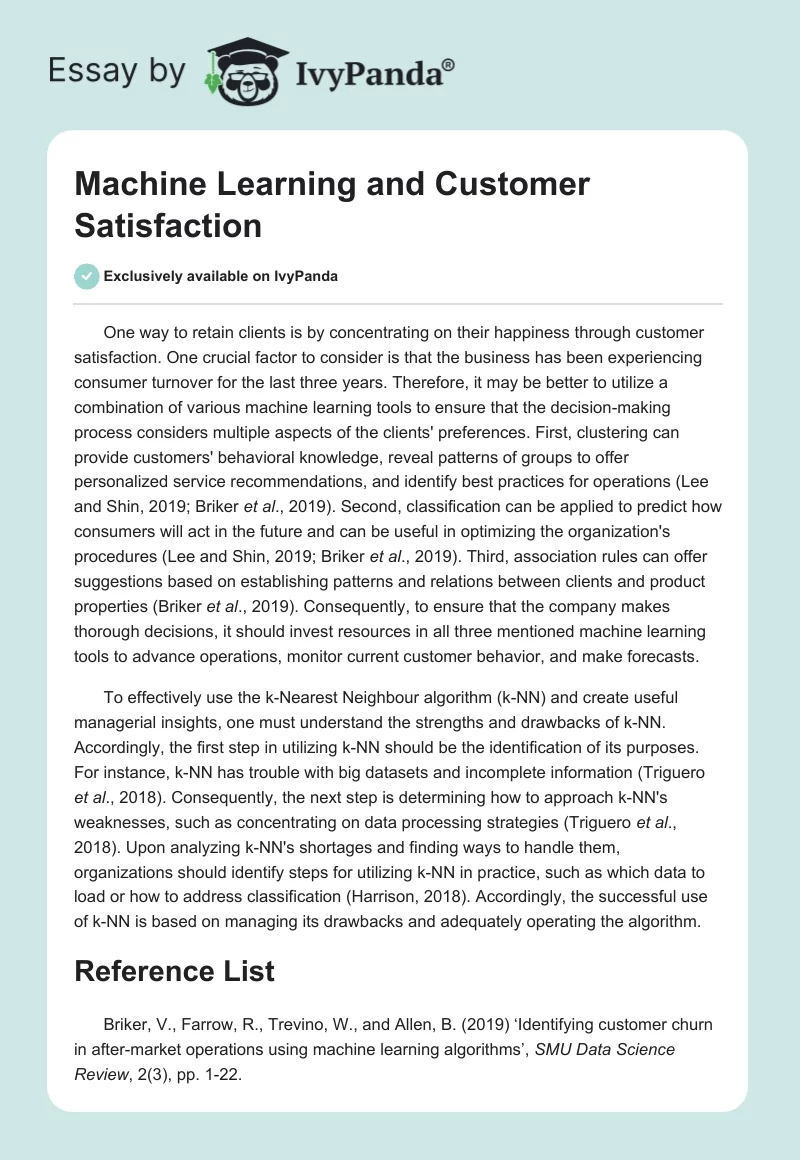 Machine Learning and Customer Satisfaction. Page 1