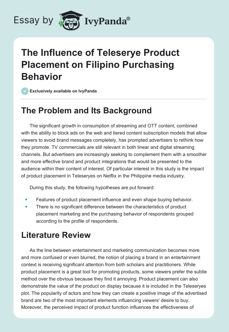 The Influence of Teleserye Product Placement on Filipino Purchasing Behavior. Page 1