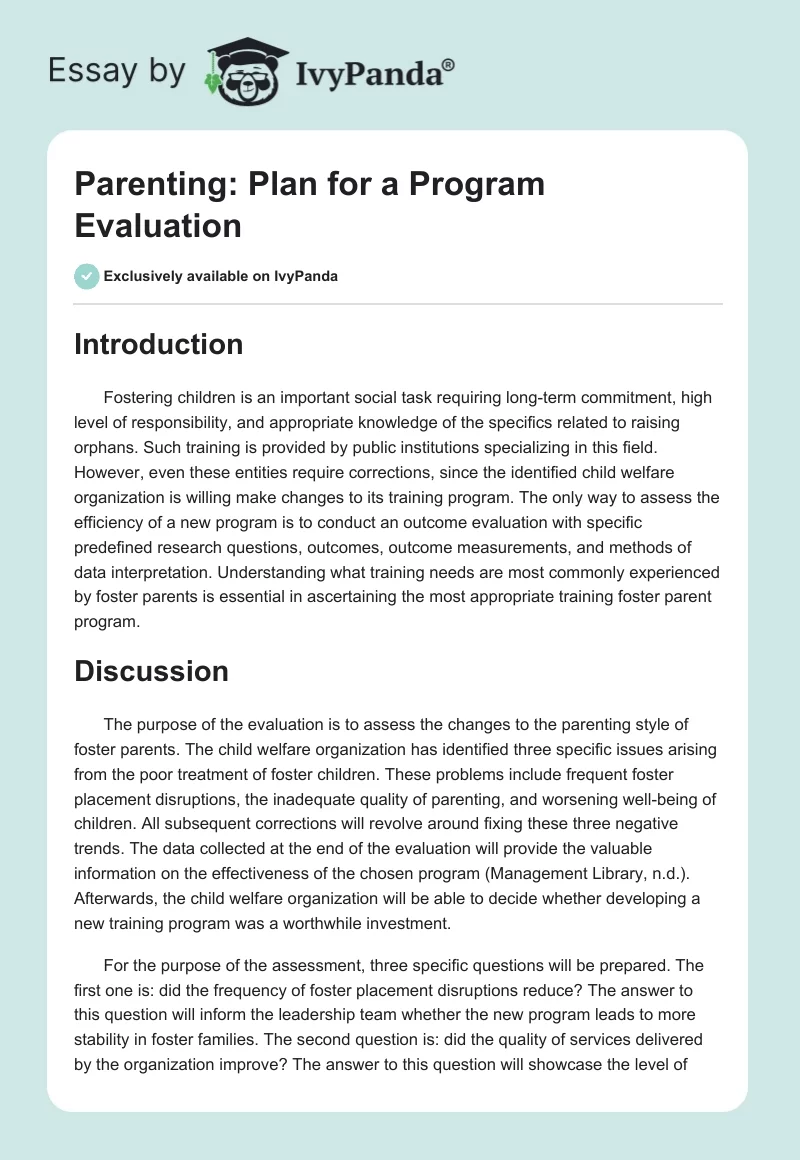 Parenting: Plan for a Program Evaluation. Page 1