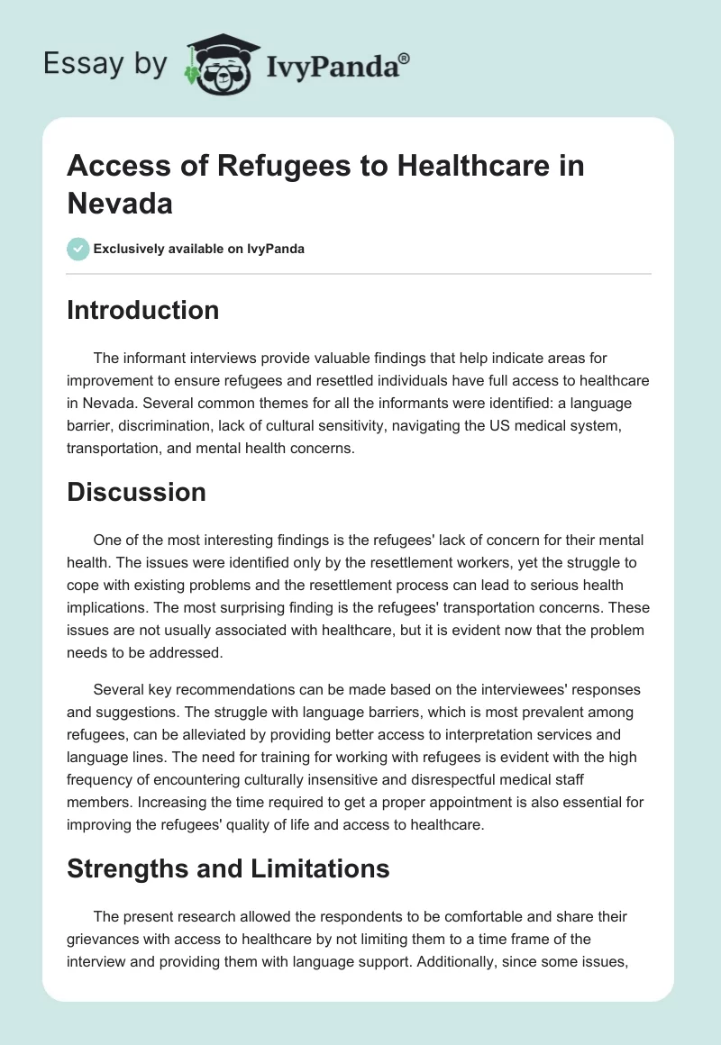 Access of Refugees to Healthcare in Nevada. Page 1