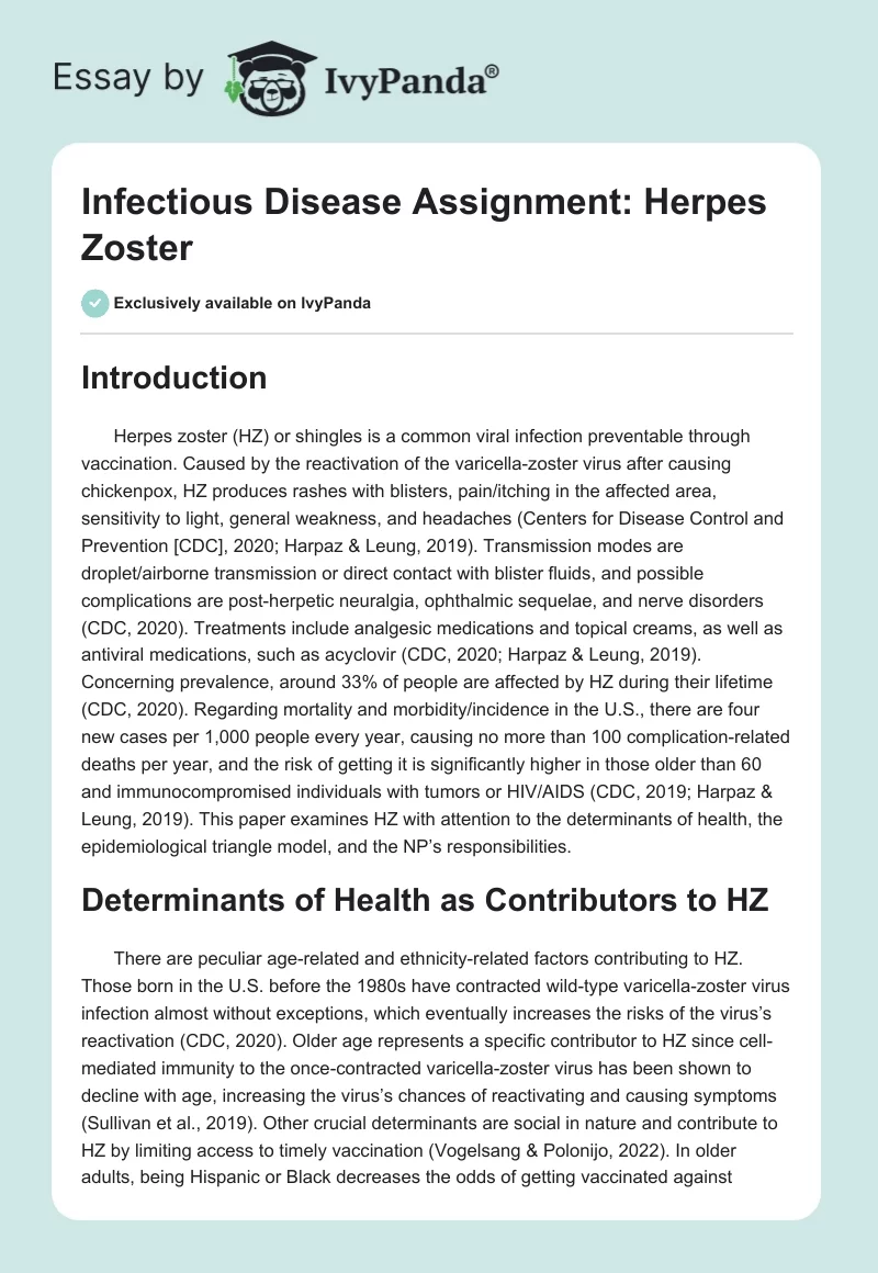 Infectious Disease Assignment: Herpes Zoster. Page 1