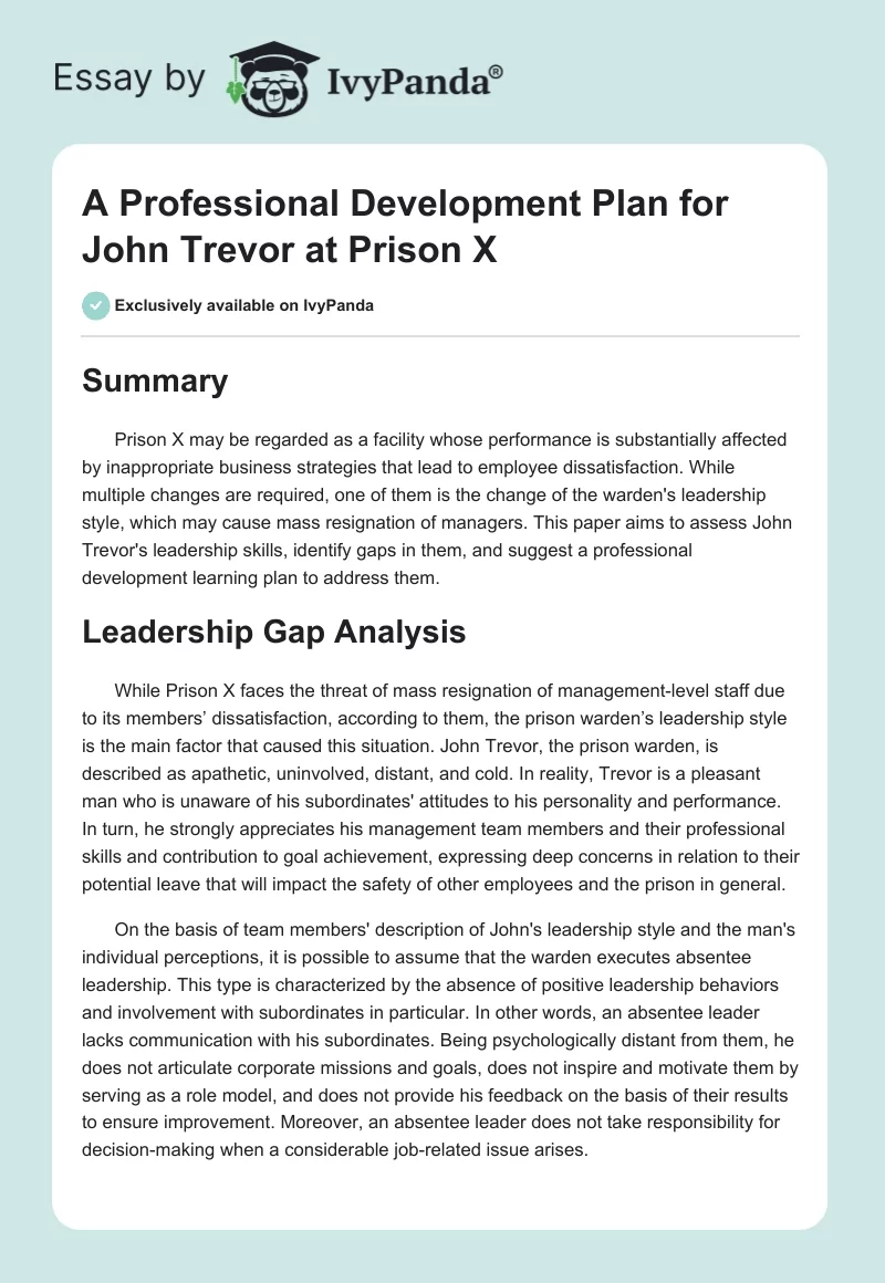 A Professional Development Plan for John Trevor at Prison X. Page 1