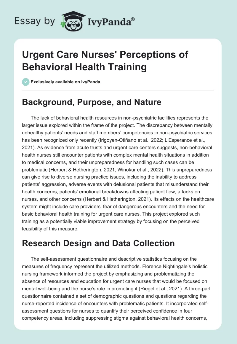 Urgent Care Nurses' Perceptions of Behavioral Health Training. Page 1