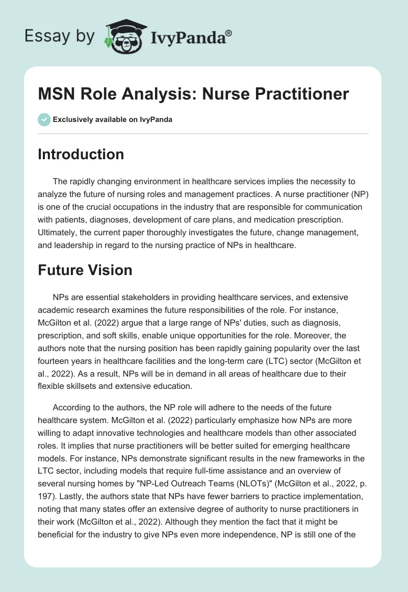 MSN Role Analysis: Nurse Practitioner. Page 1